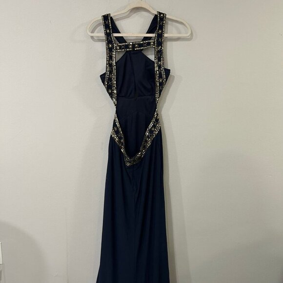 Betsy & Adam Navy Cut Out Gold Sequin Jeweled Homecoming Prom Maxi Dress Size 4 - Picture 6 of 9